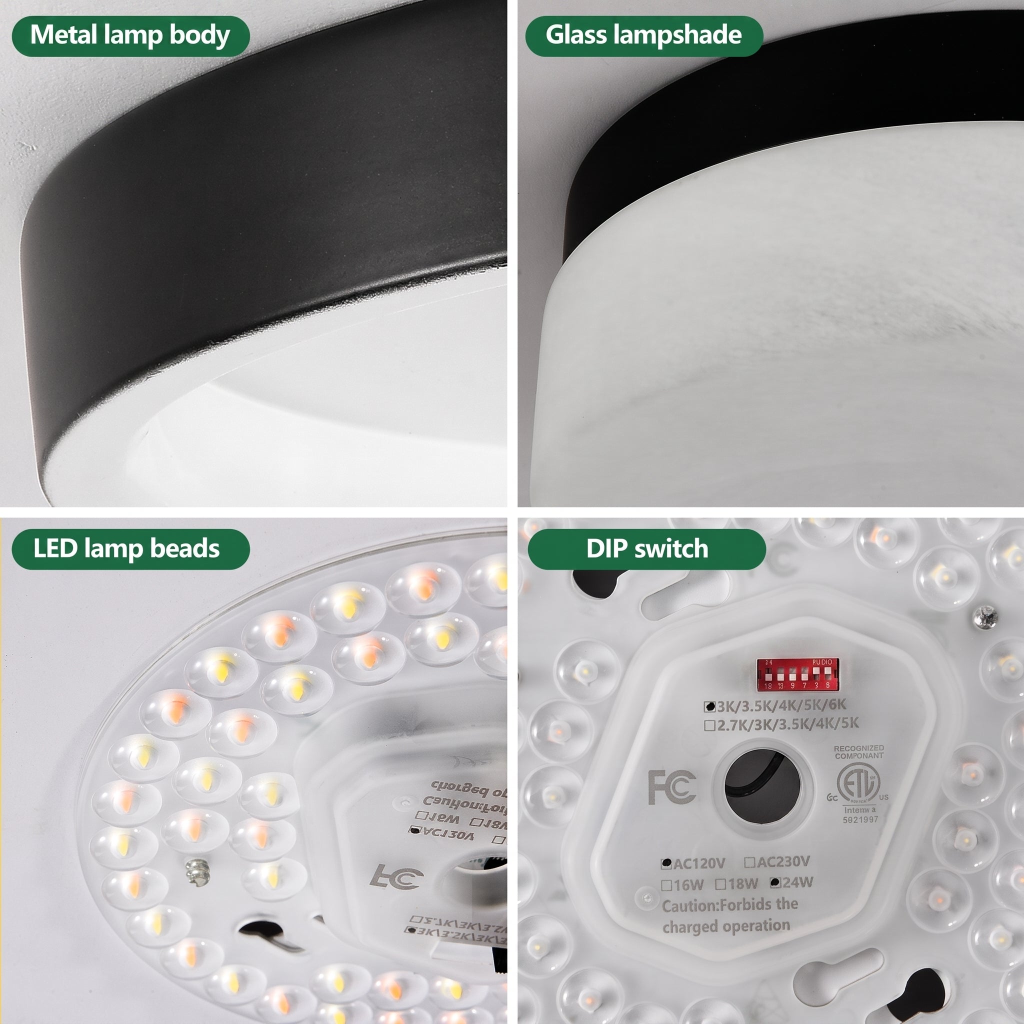 Four-panel close-up collage of a cylindrical LED ceiling light fixture showing the metal lamp body, glass lampshade, LED lamp beads, and DIP switch.