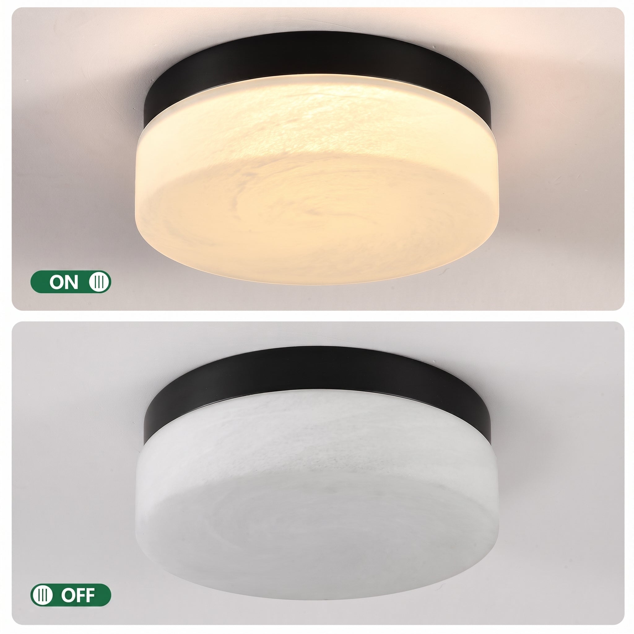A round flush-mount ceiling light shown in two states: illuminated with a warm white glow in the top panel, and unlit in the bottom panel. The fixture has a black top band and a frosted white glass diffuser.