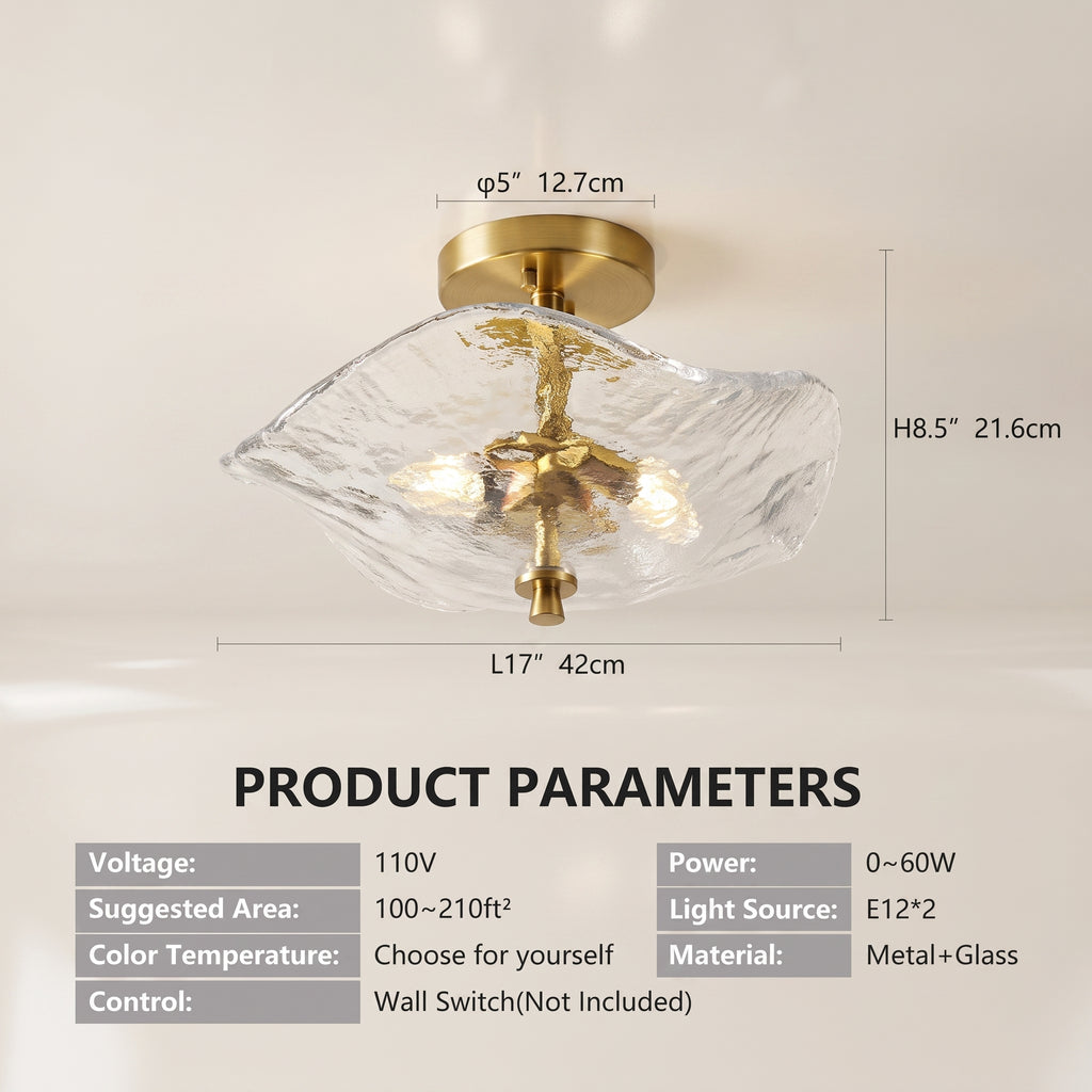 A ceiling light fixture with a wavy clear glass shade and gold metal hardware, shown with dimension labels (φ5" 12.7cm, H8.