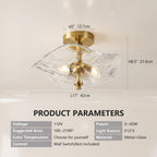 A ceiling light fixture with a wavy clear glass shade and gold metal hardware, shown with dimension labels (φ5" 12.7cm, H8.