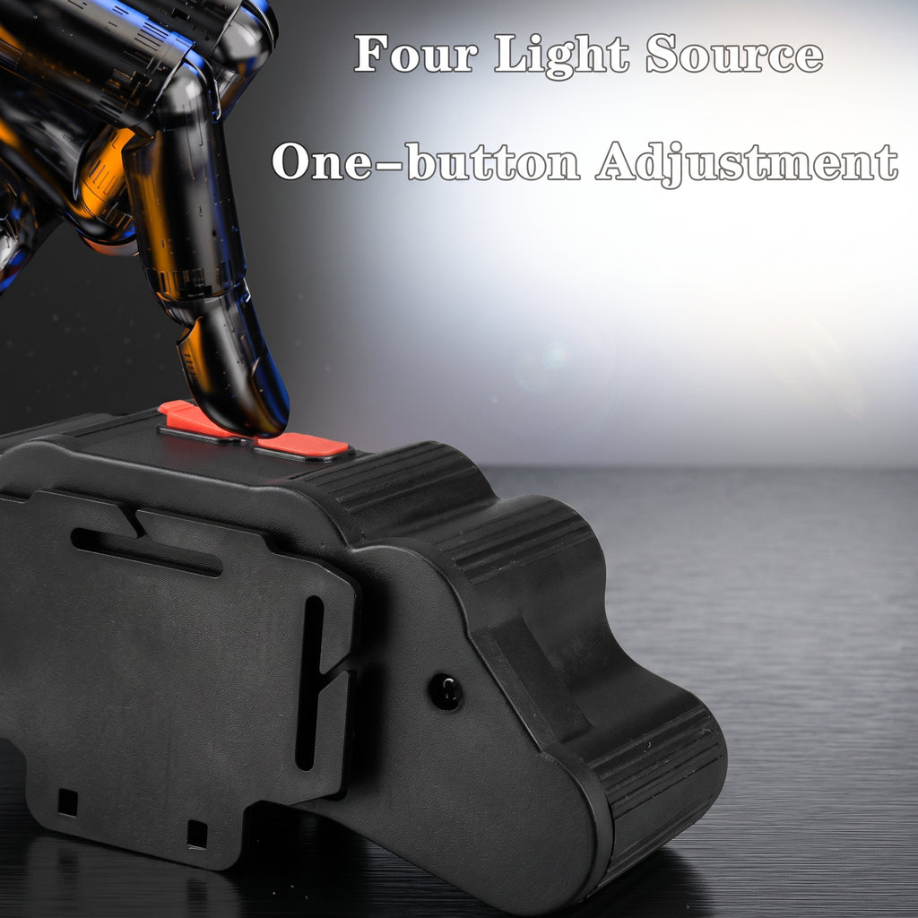 A close-up of a black handheld device with a red switch resting on a dark surface, with overlaid text reading 'Four Light Source' and 'One-button Adjustment.' No person or real environment is present in a meaningful lifestyle sense; this is a product-focused promotional shot, so subject_type is Product/Packaging.