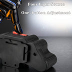 A close-up of a black handheld device with a red switch resting on a dark surface, with overlaid text reading 'Four Light Source' and 'One-button Adjustment.' No person or real environment is present in a meaningful lifestyle sense; this is a product-focused promotional shot, so subject_type is Product/Packaging.