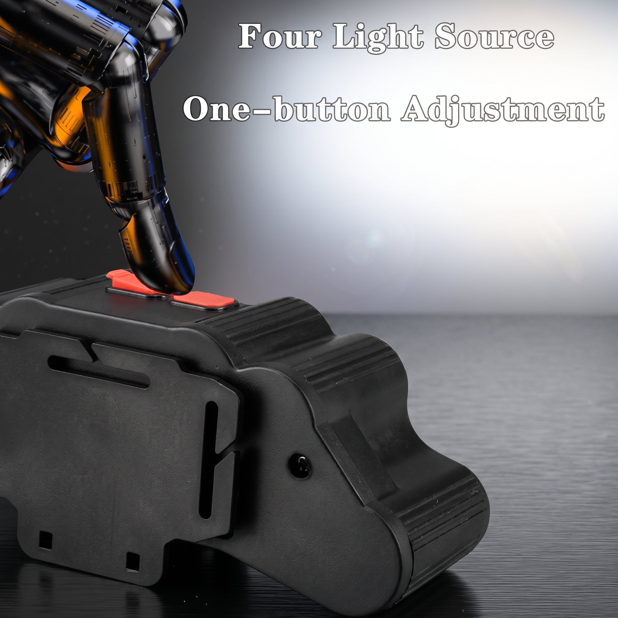 A close-up of a black handheld device with a red switch resting on a dark surface, with overlaid text reading 'Four Light Source' and 'One-button Adjustment.' No person or real environment is present in a meaningful lifestyle sense; this is a product-focused promotional shot, so subject_type is Product/Packaging.