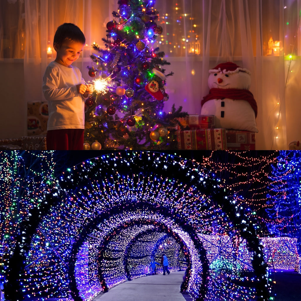 A split image showing a child holding a sparkler in front of a decorated Christmas tree and snowman ornament in a warmly lit holiday room, and a lower panel showing a tunnel of glowing multicolored holiday lights with people walking through it.