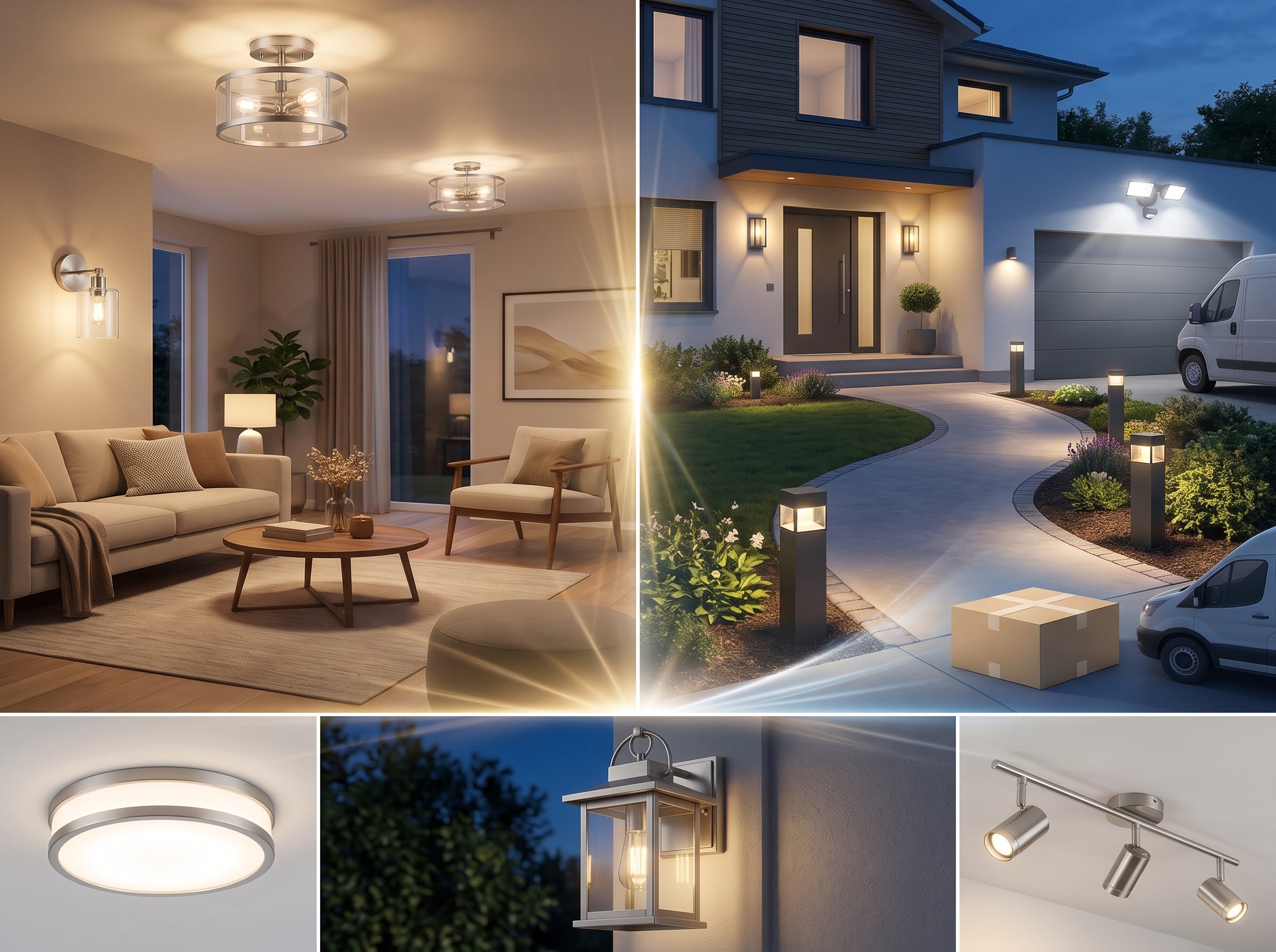 A collage showcasing a variety of Zainzio lighting fixtures. The top sections display a cozy, warmly lit indoor living room with modern semi-flush ceiling lights and a wall sconce alongside a modern house exterior at dusk illuminated by outdoor pathway lights, wall lanterns, and a garage floodlight. The bottom panels feature close-up shots of three products: a round flush-mount ceiling light, a classic outdoor lantern sconce, and a brushed-metal 3-light track lighting fixture.