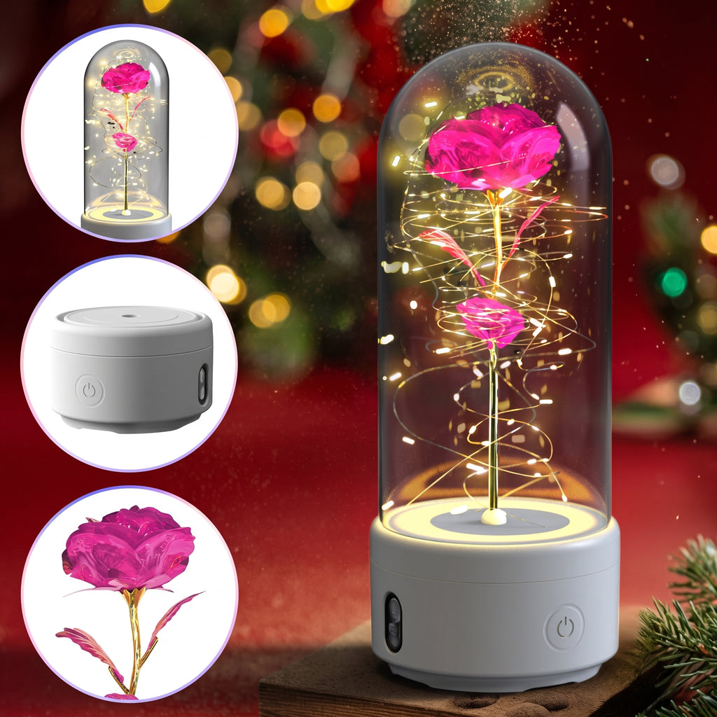 A decorative preserved rose inside a clear glass dome with warm LED fairy lights, shown on a white base. Three circular inset images on the left show close-ups of the rose, the glass dome, and the white base.
