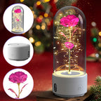 A decorative preserved rose inside a clear glass dome with warm LED fairy lights, shown on a white base. Three circular inset images on the left show close-ups of the rose, the glass dome, and the white base.