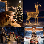 A four-panel holiday collage showcasing warm white string lights in use: a cozy bedroom with a lit Christmas tree, a glowing wire reindeer at night, a snowy garden path with lights, and a decorated Christmas tree in a living room with window views.
