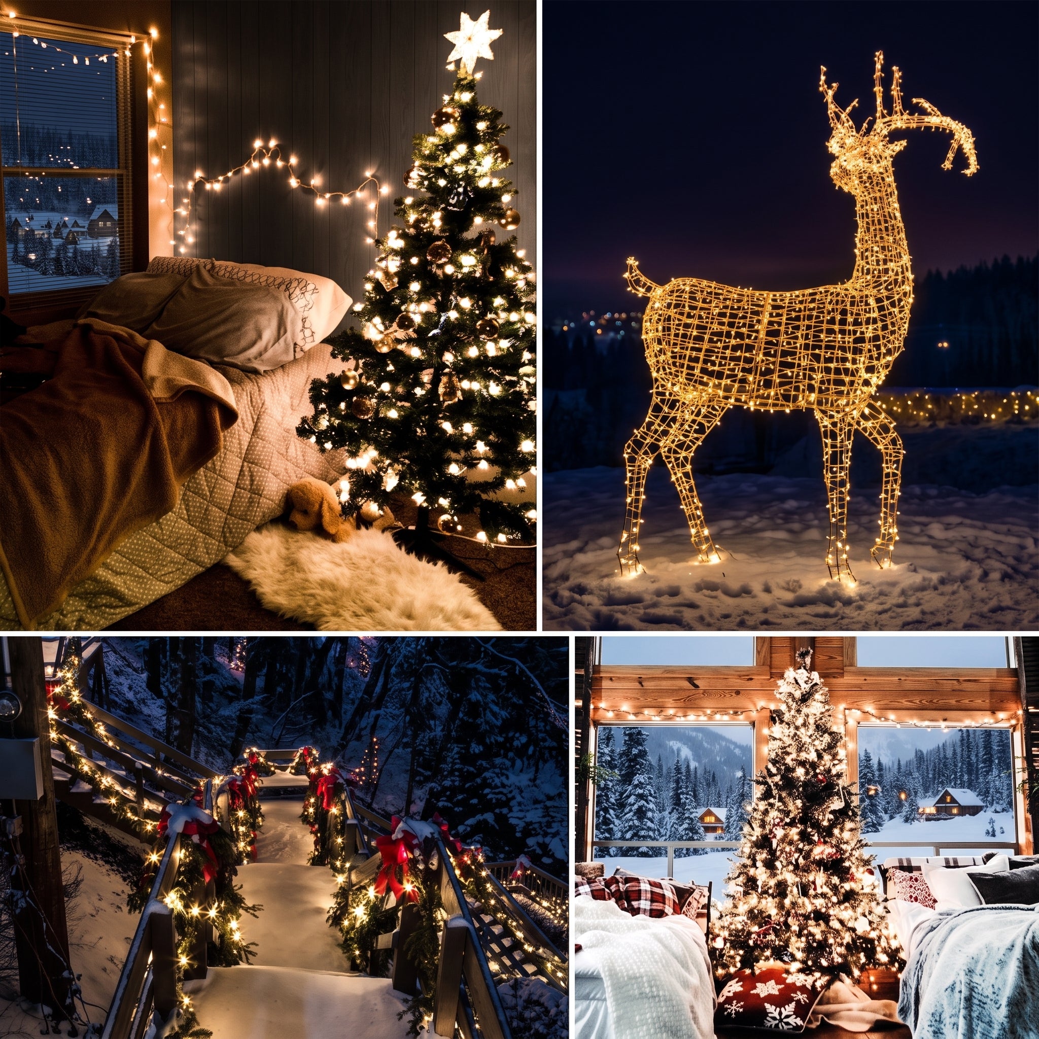 A four-panel holiday collage showcasing warm white string lights in use: a cozy bedroom with a lit Christmas tree, a glowing wire reindeer at night, a snowy garden path with lights, and a decorated Christmas tree in a living room with window views.