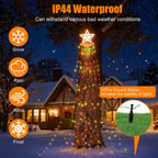 IP44 waterproof outdoor Christmas string lights wrapped around a tree at night, with a glowing star-shaped light at the top. The image includes text stating it can withstand snow, rain, wind, and frost, plus an inset showing ground stakes in a lawn.