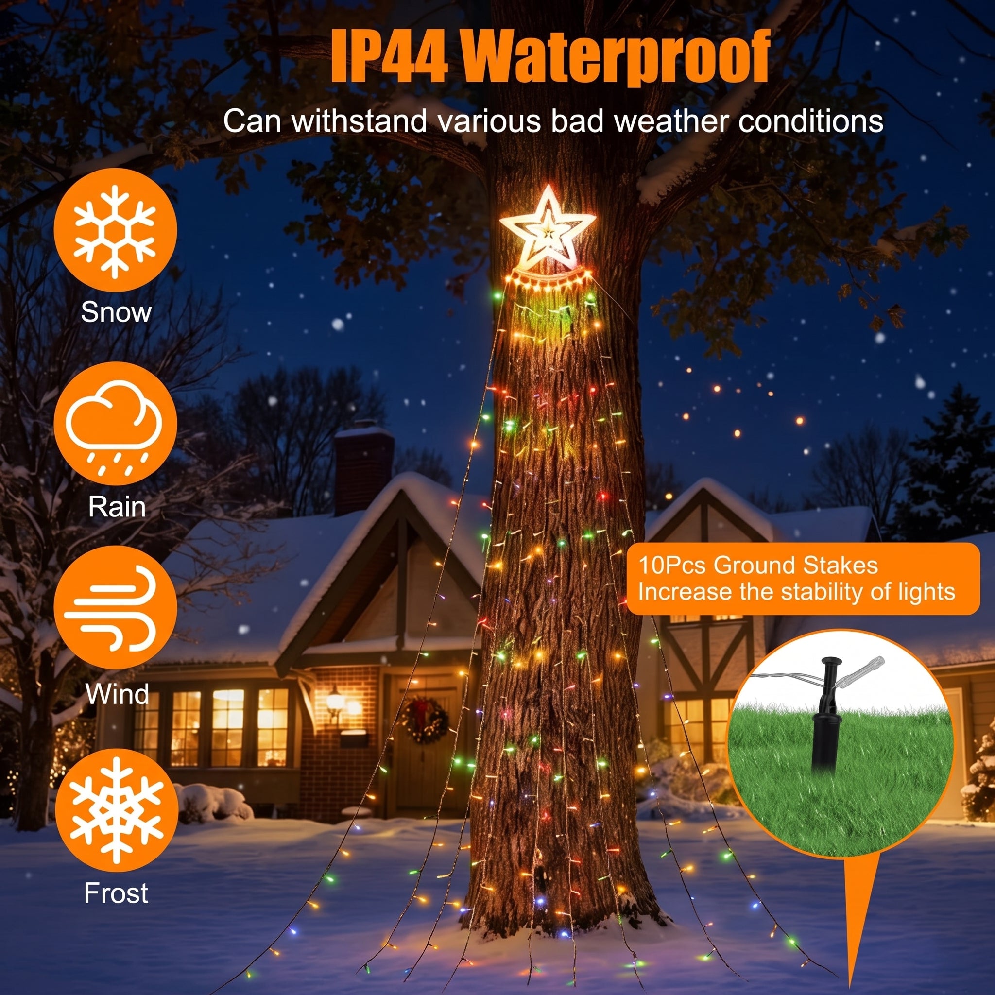 IP44 waterproof outdoor Christmas string lights wrapped around a tree at night, with a glowing star-shaped light at the top. The image includes text stating it can withstand snow, rain, wind, and frost, plus an inset showing ground stakes in a lawn.