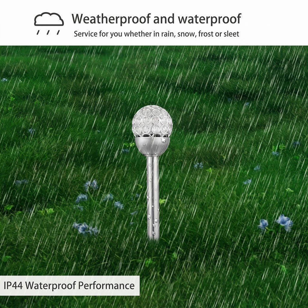 Golf ball on a tee in rain with text about weatherproof and waterproof performance.
