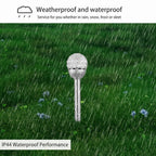 Golf ball on a tee in rain with text about weatherproof and waterproof performance.