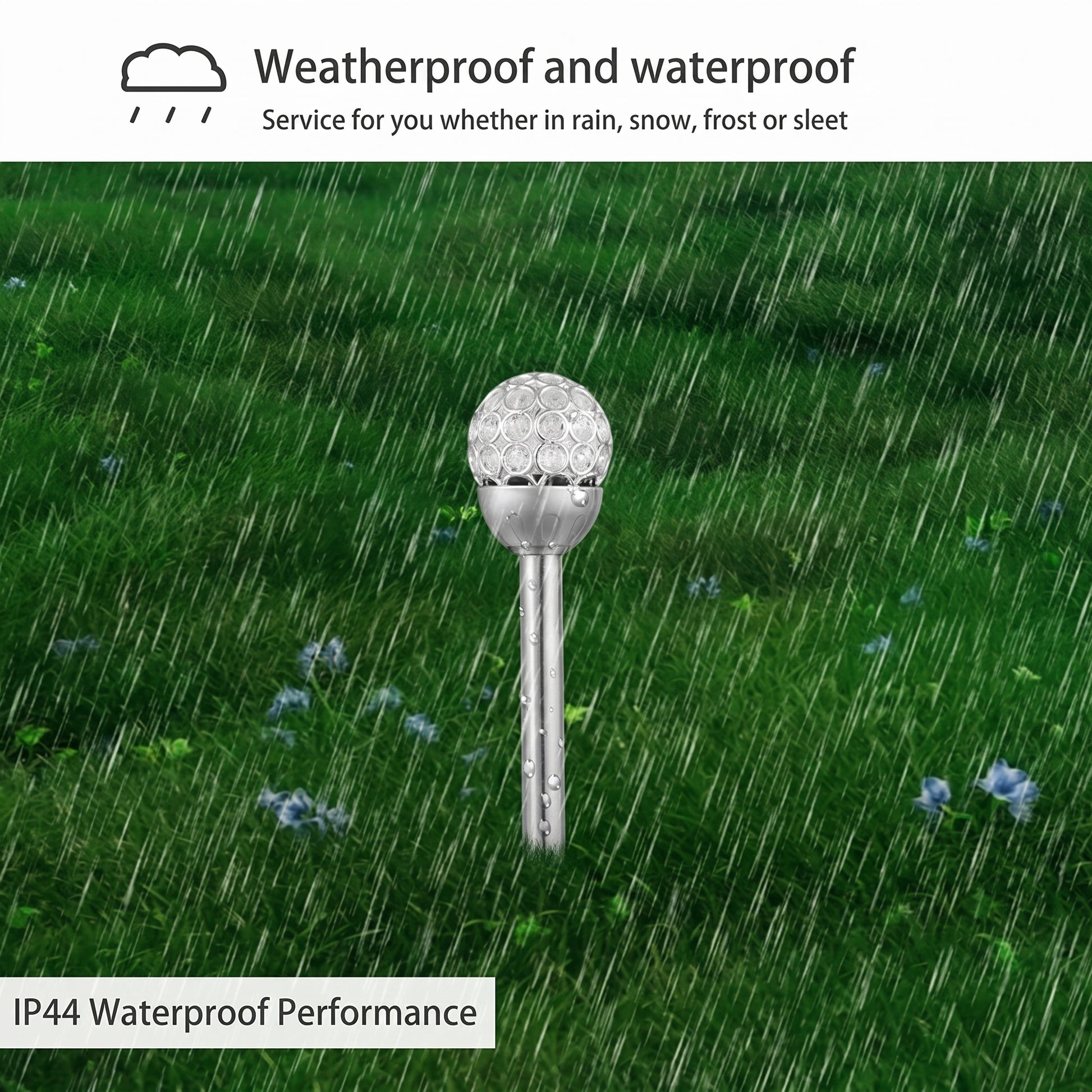Golf ball on a tee in rain with text about weatherproof and waterproof performance.