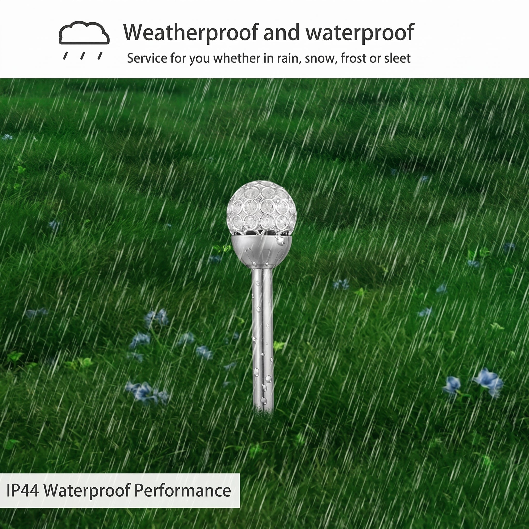 Golf ball on a tee in rain with text about weatherproof and waterproof performance.