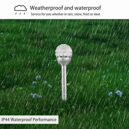 Golf ball on a tee in rain with text about weatherproof and waterproof performance.