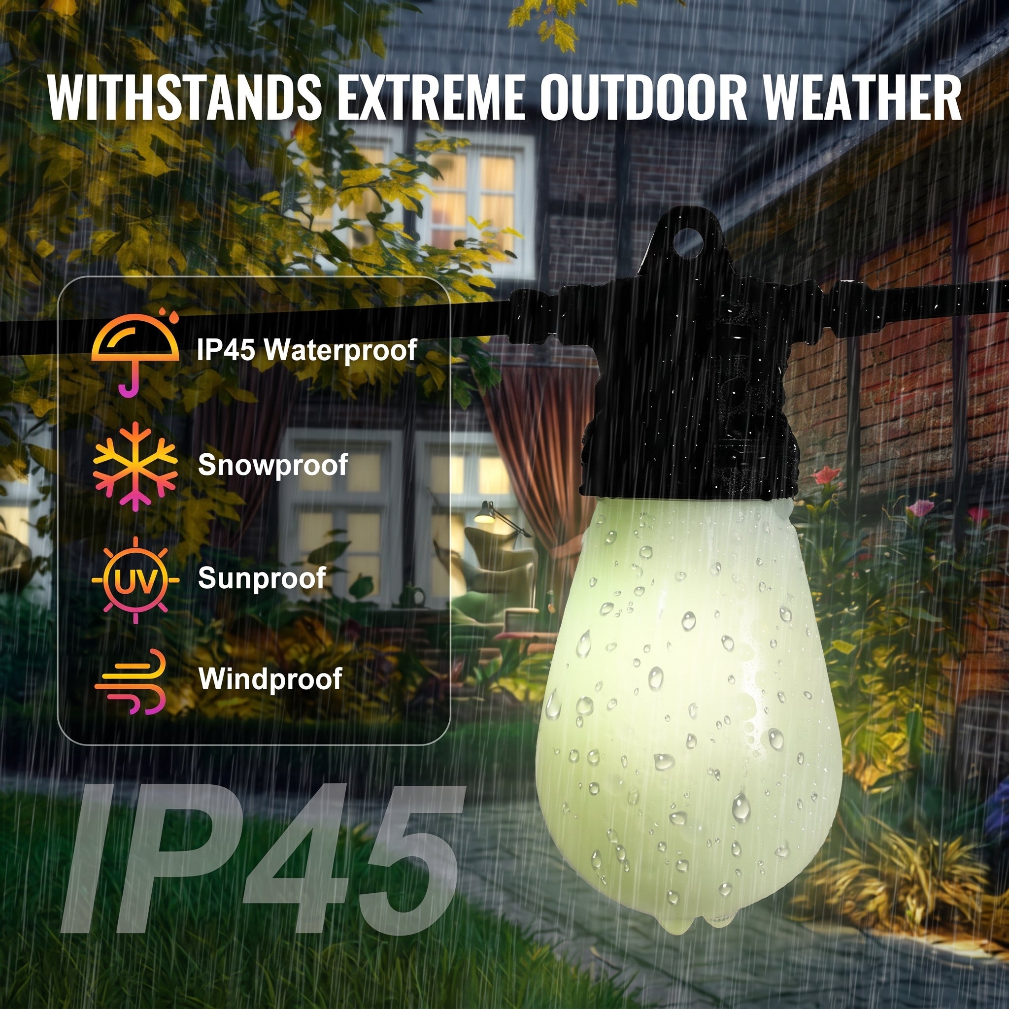 An outdoor LED garden string light bulb with a glowing warm-white bulb and black mounting hardware, shown in a rain scene with a backyard path and house in the background. Text overlays highlight its IP45 waterproof, snowproof, UV sunproof, and windproof capabilities.