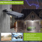 Outdoor security camera shown mounted on a wooden post in a rainstorm scene, with a house, lightning, and a green sports car in the background. Text banners claim IP65 waterproof and heatproof, with small feature icons along the bottom.