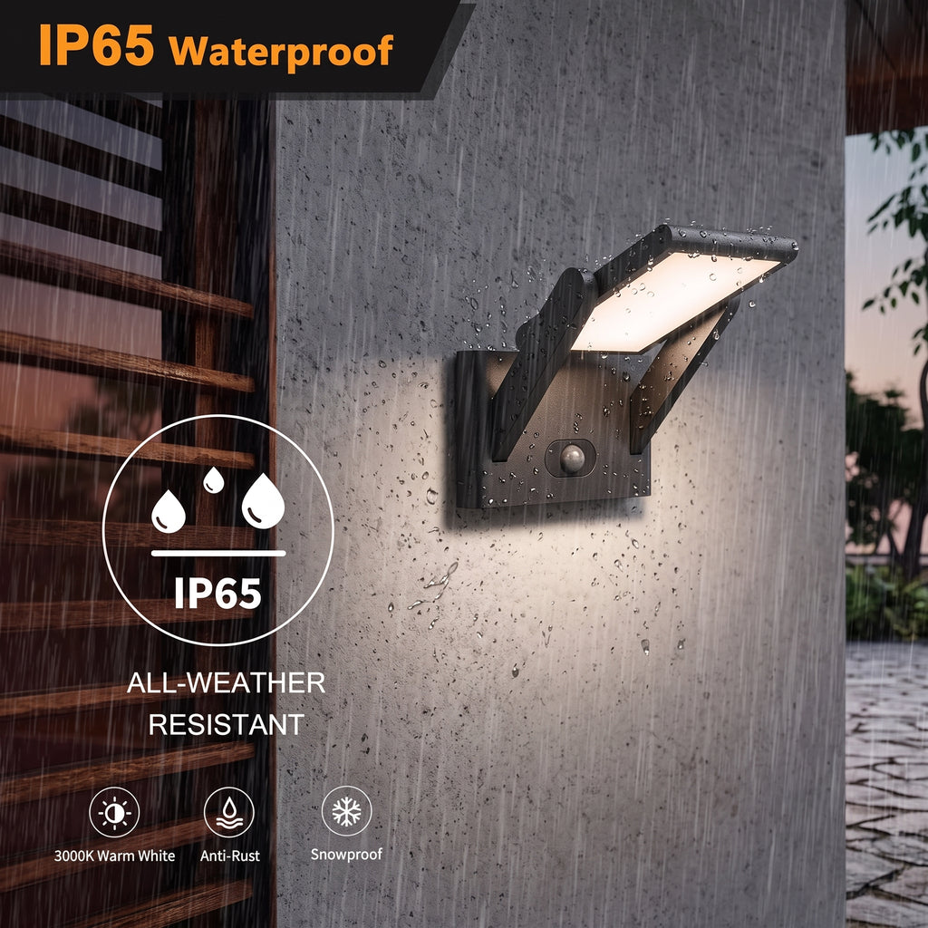 An outdoor wall-mounted light fixture shown installed on a textured wall in a rainy setting, with large text overlays reading 'IP65 Waterproof', 'IP65 ALL-WEATHER RESISTANT', and feature icons for warm white light, anti-rust, and snowproof.
