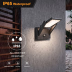 An outdoor wall-mounted light fixture shown installed on a textured wall in a rainy setting, with large text overlays reading 'IP65 Waterproof', 'IP65 ALL-WEATHER RESISTANT', and feature icons for warm white light, anti-rust, and snowproof.