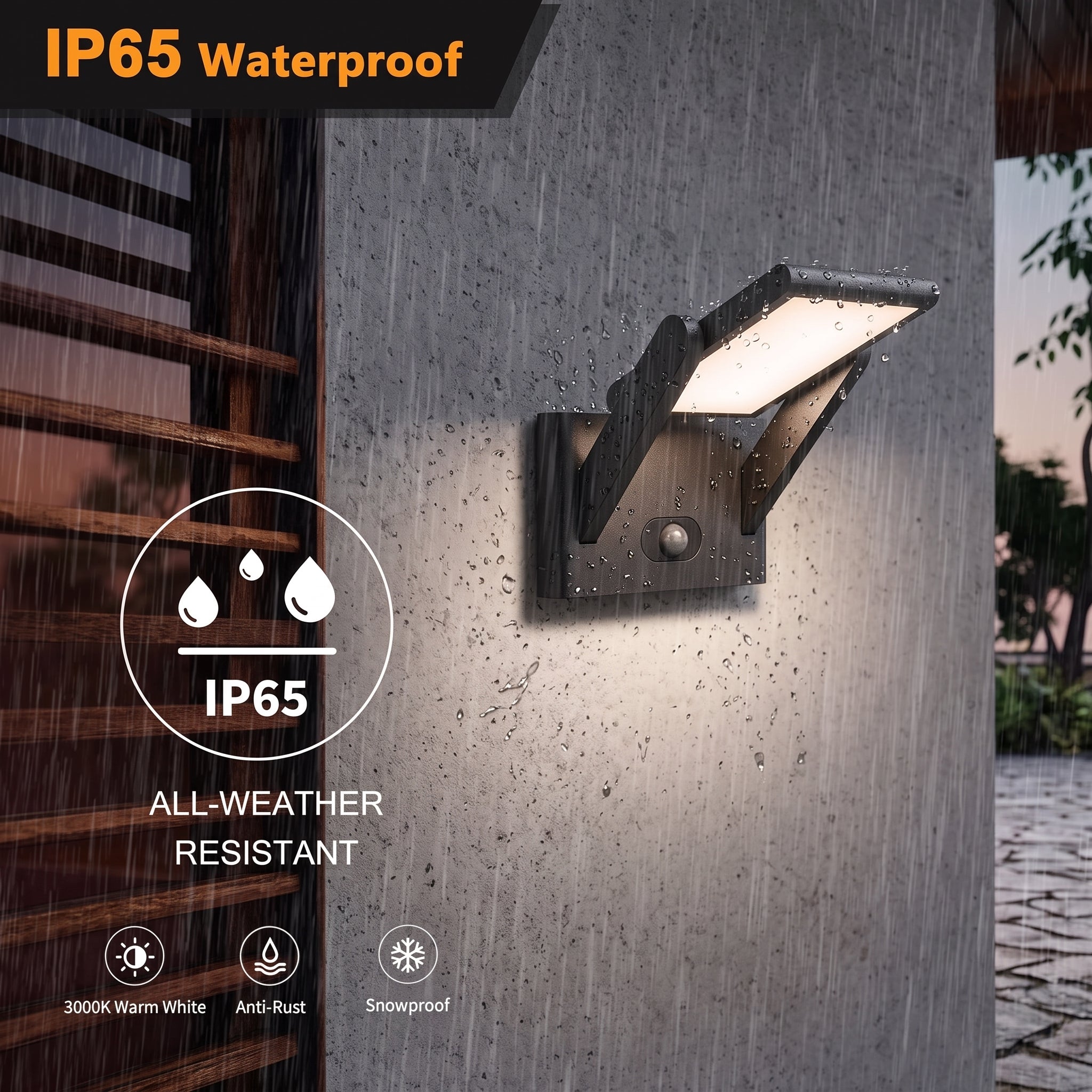 An outdoor wall-mounted light fixture shown installed on a textured wall in a rainy setting, with large text overlays reading 'IP65 Waterproof', 'IP65 ALL-WEATHER RESISTANT', and feature icons for warm white light, anti-rust, and snowproof.