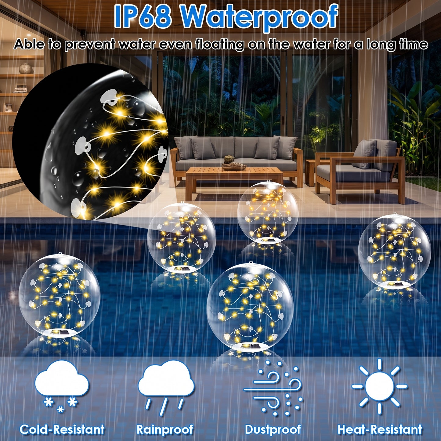 IP68 waterproof decorative bubble string lights shown in a pool setting with rain, plus a close-up inset of the lights inside a bubble and feature icons for cold-resistant, rainproof, dustproof, and heat-resistant performance.
