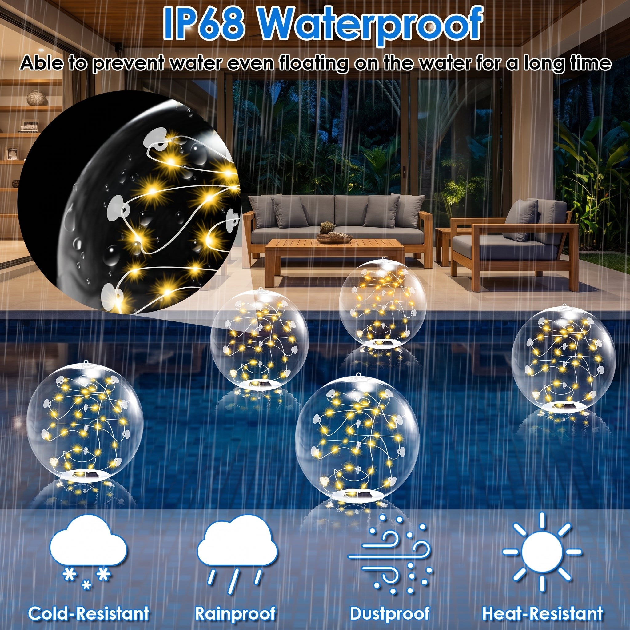 IP68 waterproof decorative bubble string lights shown in a pool setting with rain, plus a close-up inset of the lights inside a bubble and feature icons for cold-resistant, rainproof, dustproof, and heat-resistant performance.