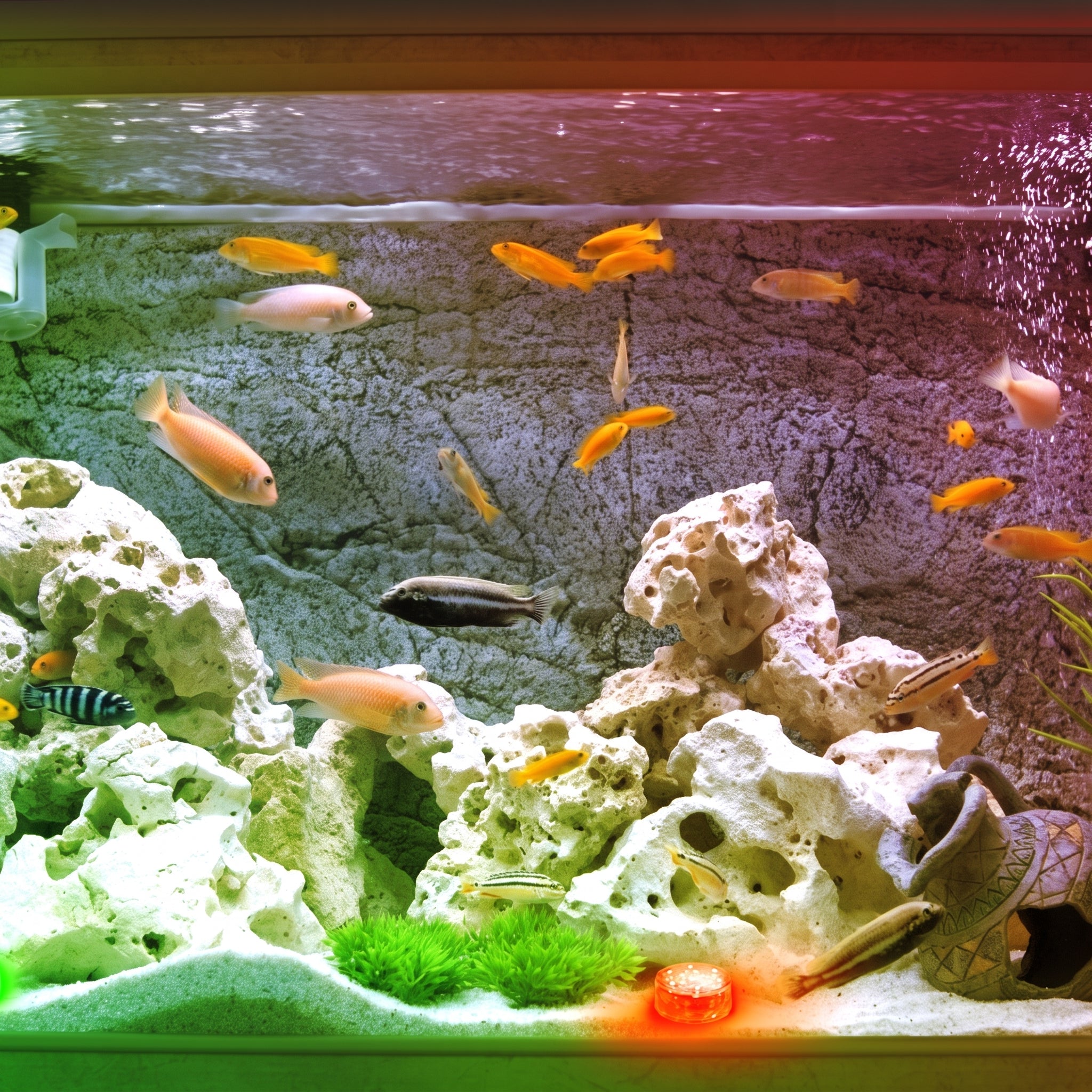 A colorful aquarium filled with small orange, yellow, and silver fish swimming among white artificial rocks, green algae, and a textured gray background.
