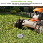 An orange and gray Husqvarna lawn mower on green grass with a text overlay at the top about safe using and a small round metal device on the grass in front of the mower.