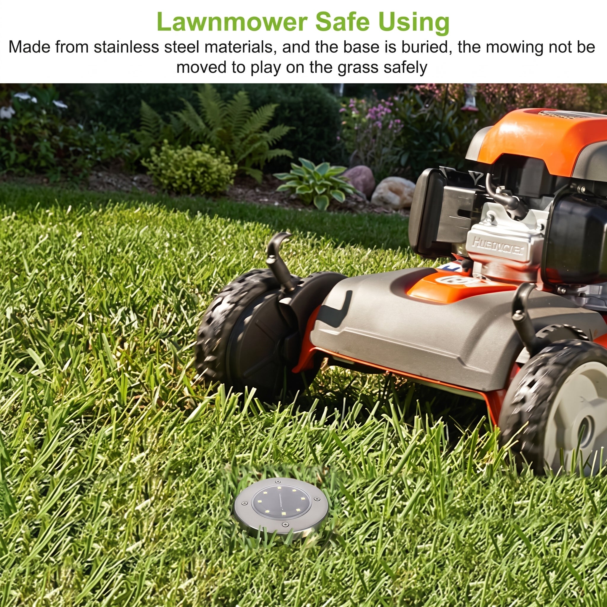 An orange and gray Husqvarna lawn mower on green grass with a text overlay at the top about safe using and a small round metal device on the grass in front of the mower.