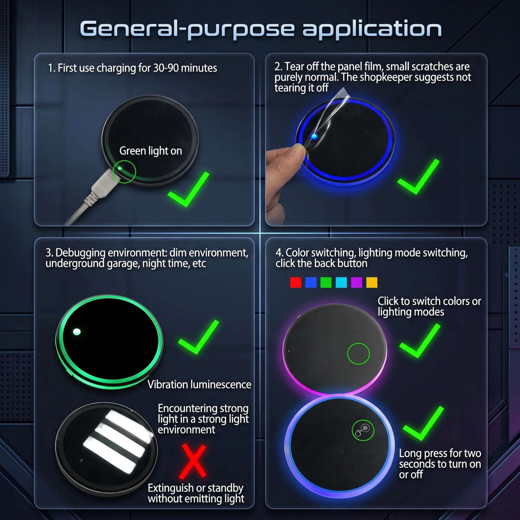 Instructional infographic detailing USB charging, sensor settings, and button controls for Zainzio LED car cup holder coasters.