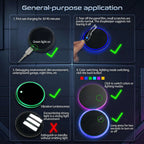 Instructional infographic detailing USB charging, sensor settings, and button controls for Zainzio LED car cup holder coasters.