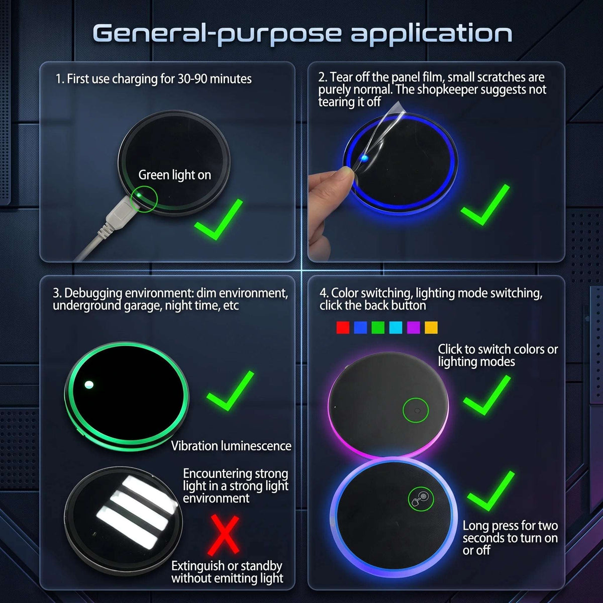 Instructional infographic detailing USB charging, sensor settings, and button controls for Zainzio LED car cup holder coasters.