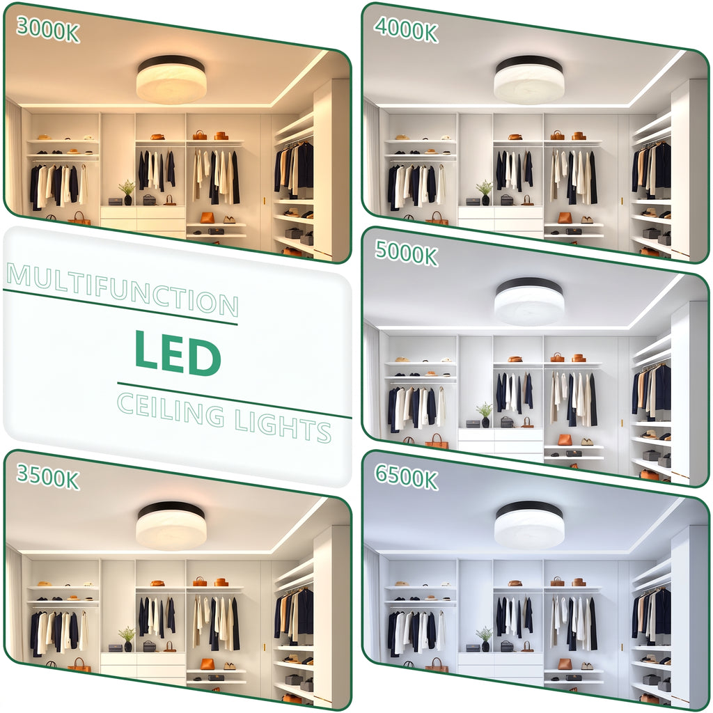 A collage showing six LED ceiling light options labeled 3500K, 4000K, 5000K, and 6500K, each displayed inside a modern closet interior. A large central panel reads 'MULTIFUNCTION LED CEILING LIGHTS.