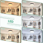 A collage showing six LED ceiling light options labeled 3500K, 4000K, 5000K, and 6500K, each displayed inside a modern closet interior. A large central panel reads 'MULTIFUNCTION LED CEILING LIGHTS.