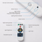 A remote control and its labeled parts on a white background, with blue callouts pointing to features such as remote control sensor, motion sensor, light control, lighting mode indicator, mode control, night sensing mode, constant on, daytime sensing mode, light off, light brightness, light color, and 15/30/60 timer/off.