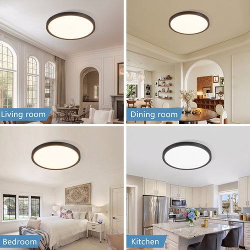A four-panel collage showing a round flush-mount ceiling light in different real-world interior settings: a living room, dining room, bedroom, and kitchen. Each panel shows the light mounted on the ceiling, with the fixture appearing to have a dark metal rim and a bright white diffuser.