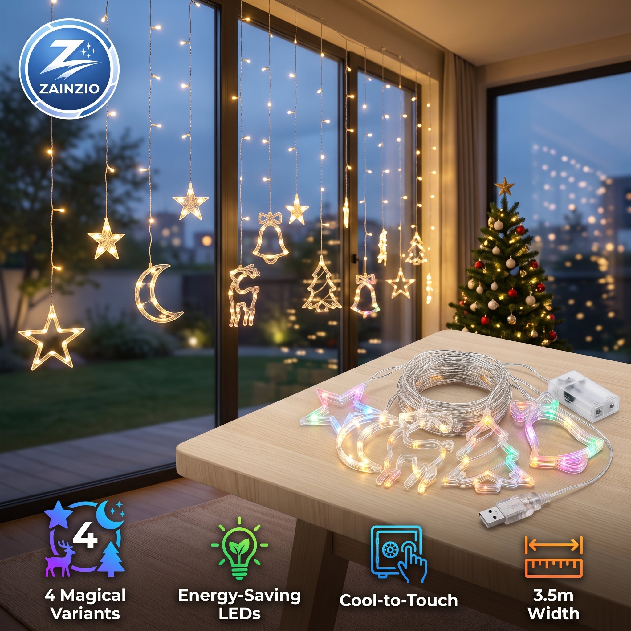 LED hanging string lights with star, moon, and bell shapes displayed in a cozy room setting with a Christmas tree in the background. The lights are shown both hanging in the air and coiled on a table with a USB controller and power adapter.