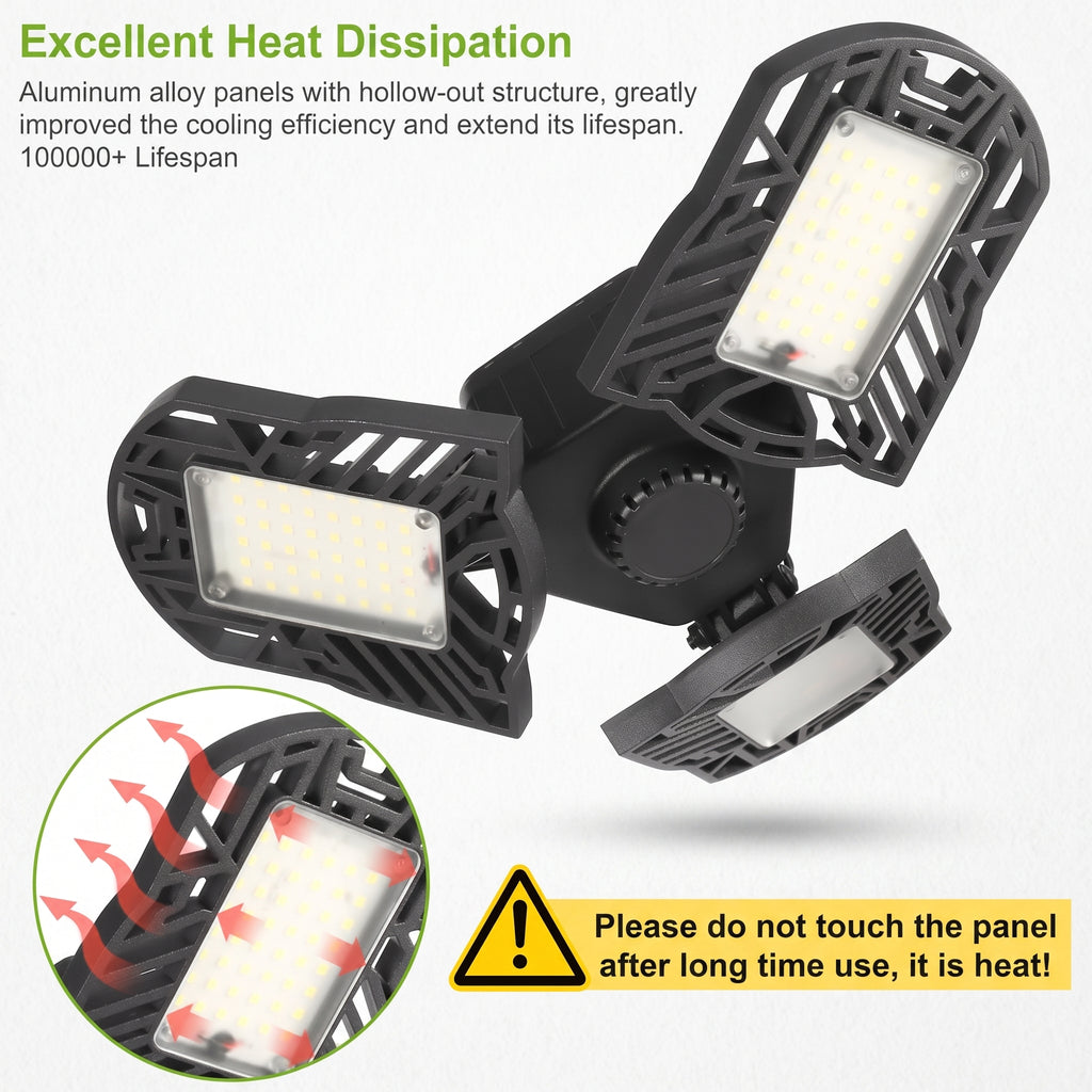 A black dual-head LED wall light with aluminum alloy cooling panels, shown on a white background with promotional text, a circular inset showing heat dissipation, and a yellow warning label.