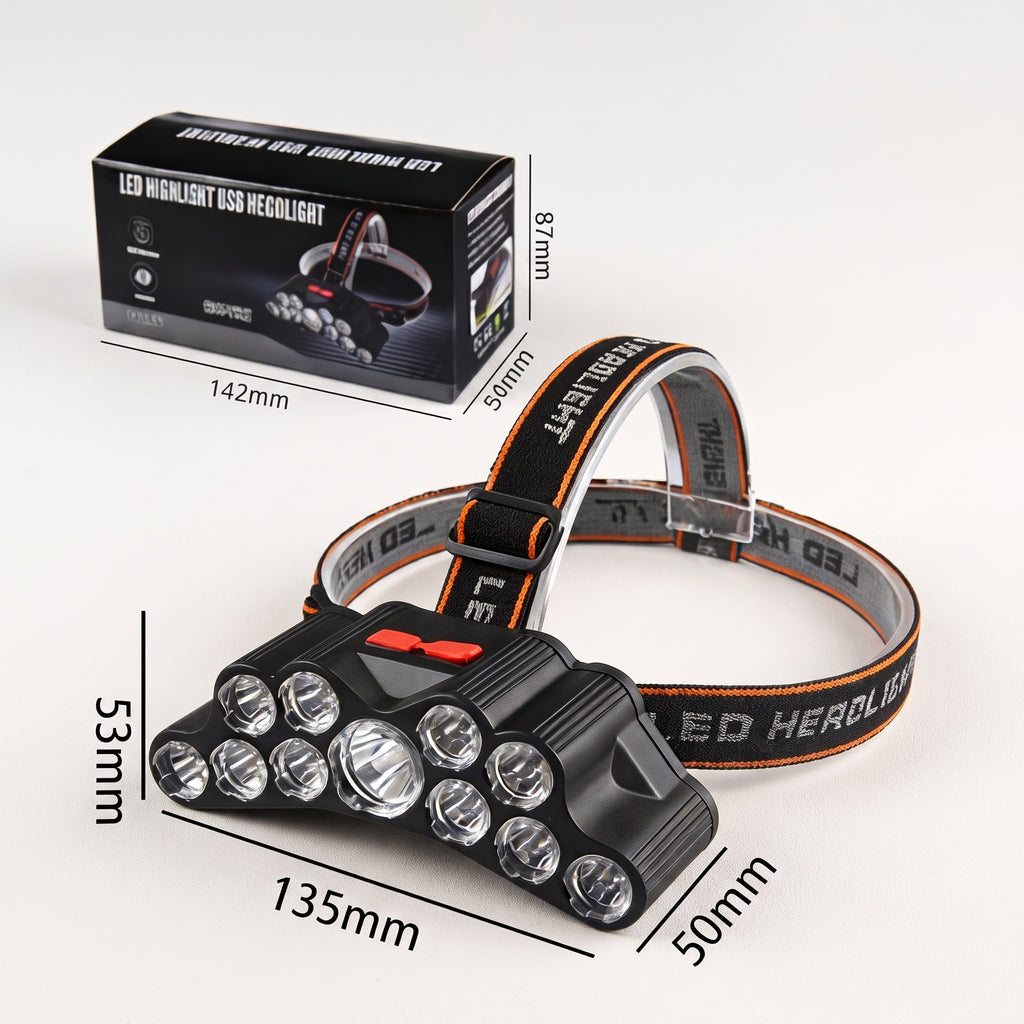 Black LED headlight with an orange and black adjustable headband, shown with its retail box and overlaid dimension lines indicating 135mm length, 50mm width, 53mm height, 87mm strap height, and 142mm/56mm packaging measurements.