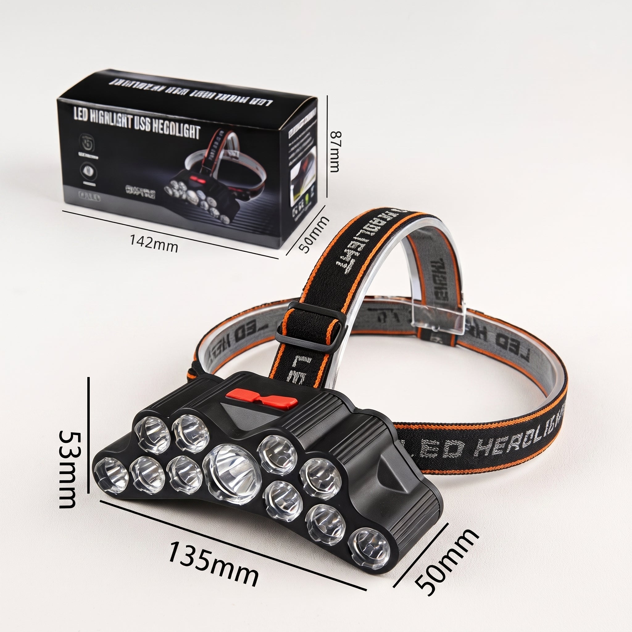 Black LED headlight with an orange and black adjustable headband, shown with its retail box and overlaid dimension lines indicating 135mm length, 50mm width, 53mm height, 87mm strap height, and 142mm/56mm packaging measurements.