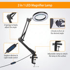 An adjustable 2-in-1 LED magnifier lamp with a black articulated arm, circular magnifying lens, clamp base, and remote control, shown on a light gray background with orange text and callout boxes explaining features.