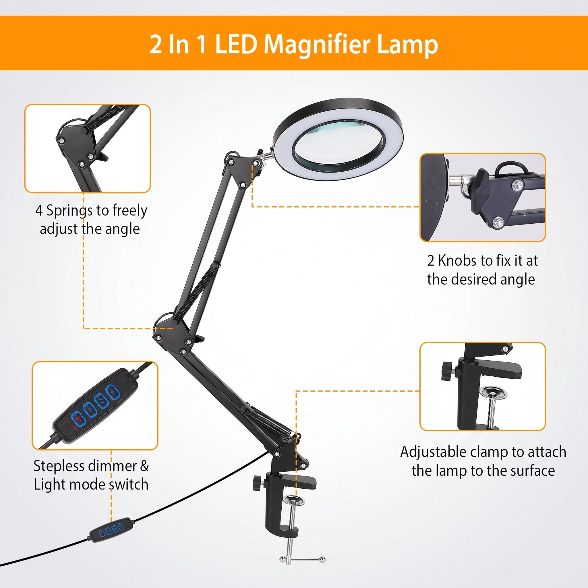 An adjustable 2-in-1 LED magnifier lamp with a black articulated arm, circular magnifying lens, clamp base, and remote control, shown on a light gray background with orange text and callout boxes explaining features.