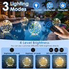 Solar pool string lights shown in a swimming pool at night, with a hand holding a remote control. The graphic highlights 3 lighting modes (constant, breathing, flashing) and 4-level brightness settings with visual diagrams.
