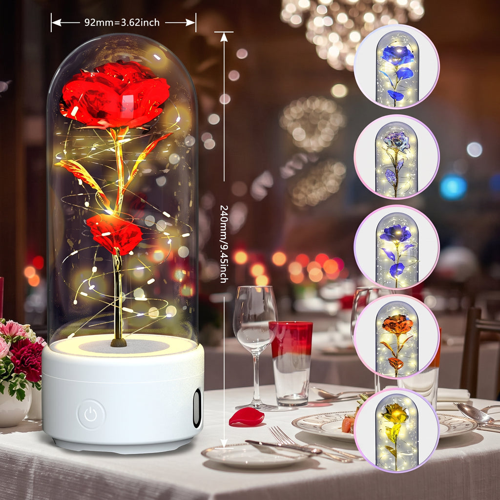 A preserved red rose under a clear glass dome with warm fairy lights, displayed on a white base on a dining table. The image includes dimension callouts showing 92mm width and 240mm height, plus five circular inset examples showing different colored preserved flowers.