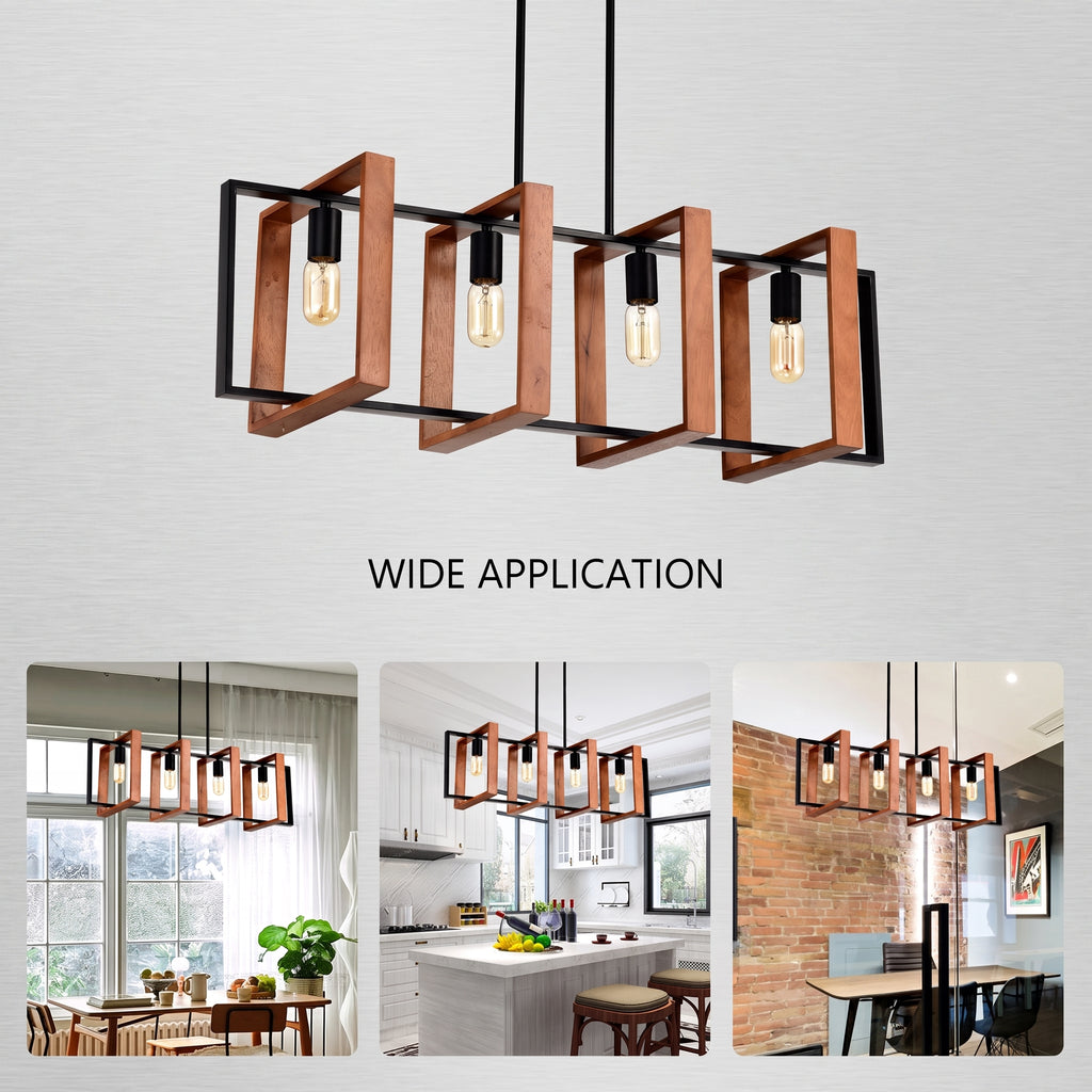 A modern multi-light linear pendant chandelier with rectangular wooden frames and black metal hardware, shown hanging in a bright interior. The main view is above, with the text 'WIDE APPLICATION' below and three smaller lifestyle room scenes along the bottom showing the fixture in use.