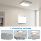 A square white LED ceiling light shown installed on a wall in a room, with a smaller inset of the same light mounted on a wall. Text below reads '3 Installation Methods' and shows three inset diagrams for screws installation, magnetic mounting, and adhesive.
