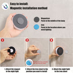 Instructional graphic showing how to install a round magnetic night light. The top section shows a hand holding the product and text explaining the magnetic installation method, with color labels for magnetism (dark gray) and iron paste (blue).