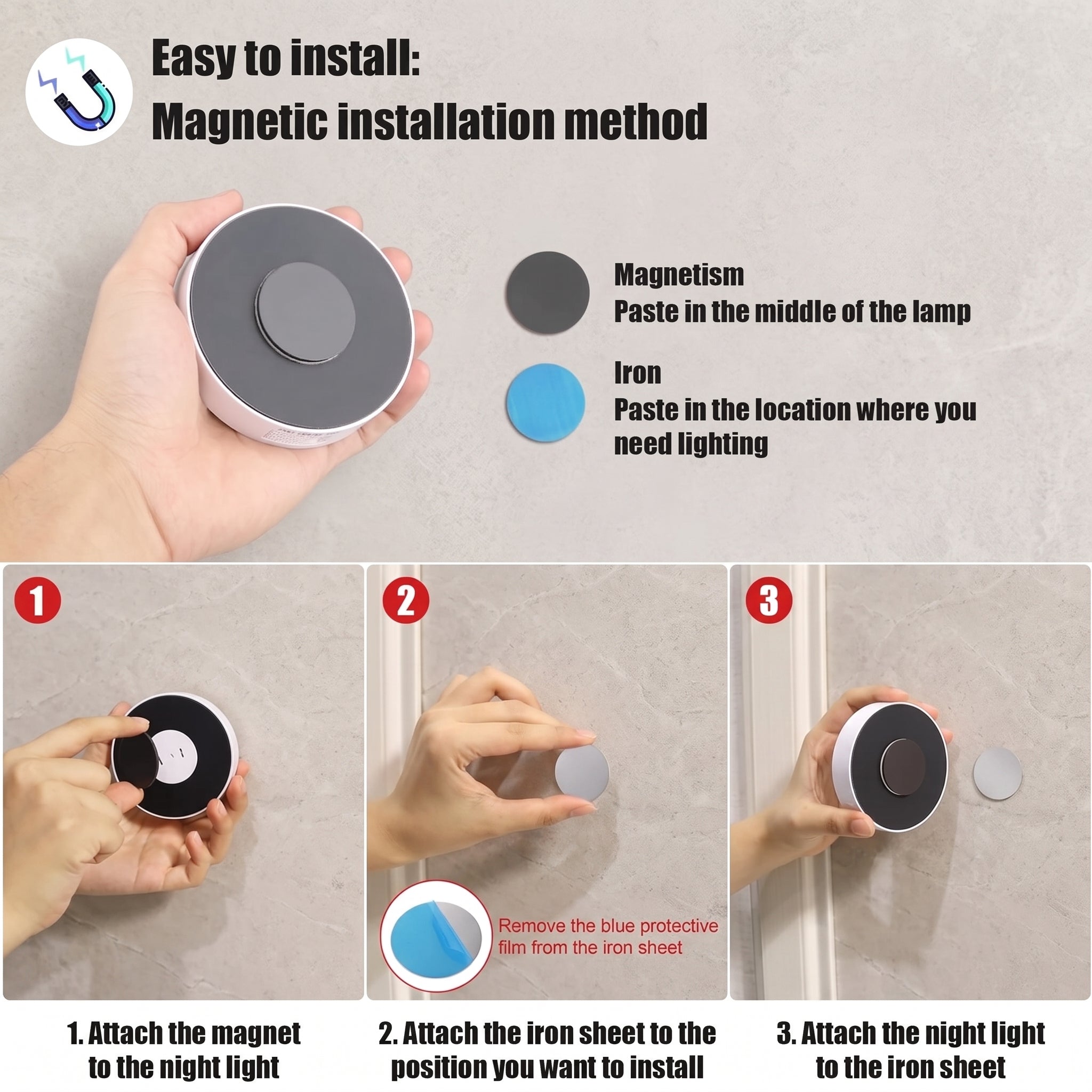 Instructional graphic showing how to install a round magnetic night light. The top section shows a hand holding the product and text explaining the magnetic installation method, with color labels for magnetism (dark gray) and iron paste (blue).