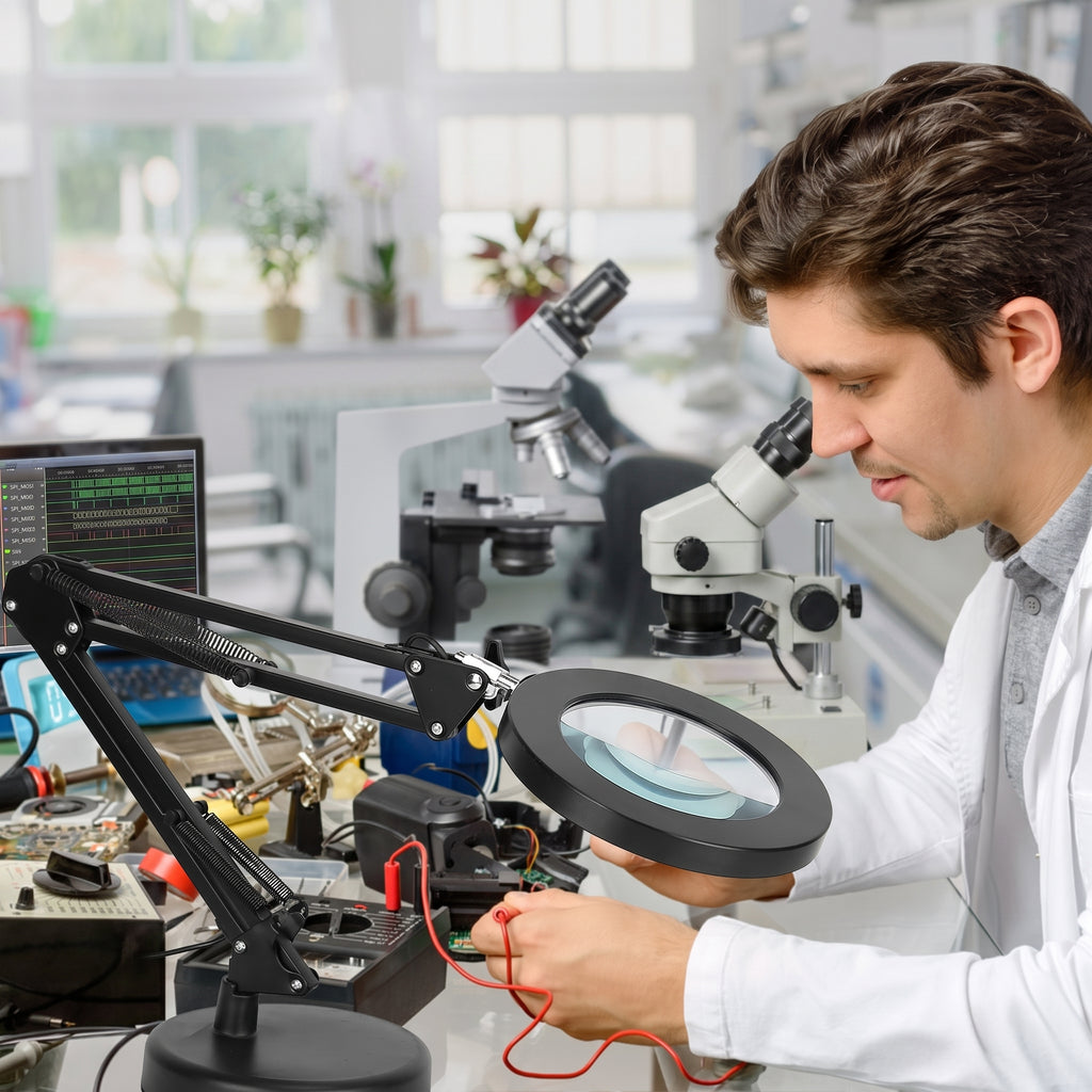 A man in a white lab coat examines a circular lens under a magnifying glass on a workbench with microscopes and electronic tools in a bright laboratory.
